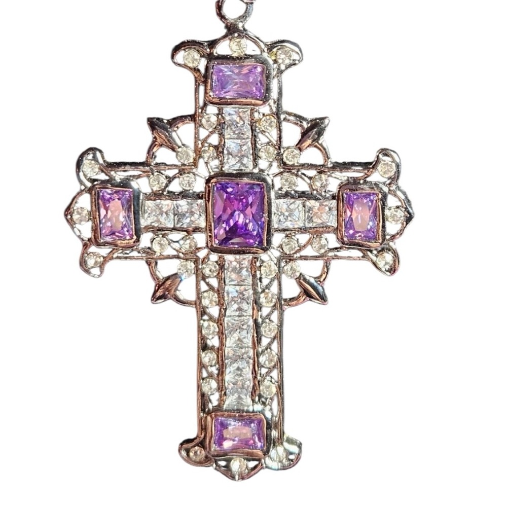 Renaissance Amethyst Crystal Gunmetal Cross Pendant - Goth Boho Regal